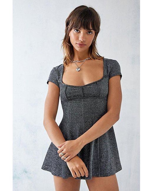 Urban Outfitters Gray Uo Jessie Shimmer Short Sleeve Romper