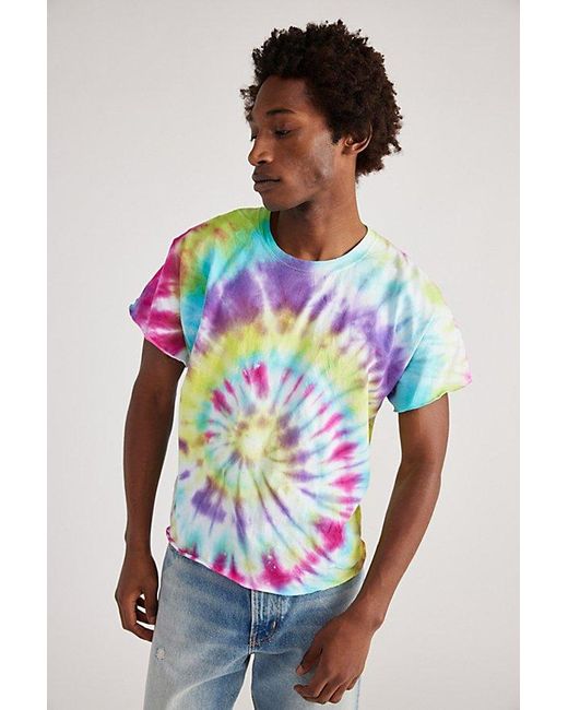 Urban Renewal Blue Remade Tie-Dye Boxy Cropped Raw Cut Tee for men