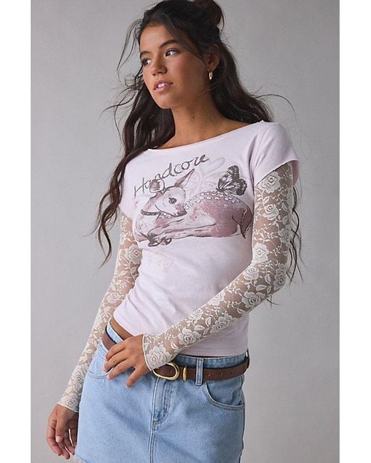 BDG Pink Sloane Graphic Lace Layered Twofer Long Sleeve Tee