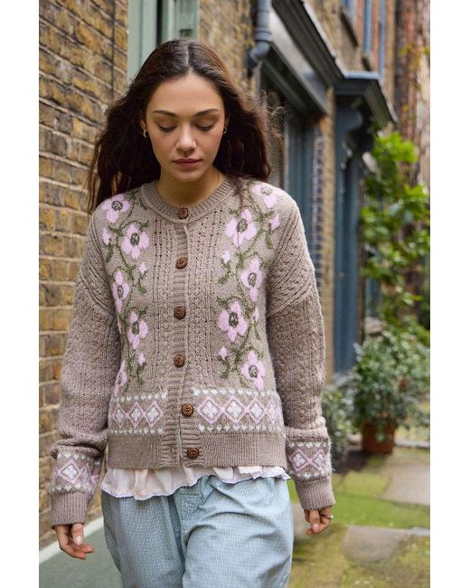 Kimchi Blue Blue Floral Pattern Crew Neck Cardigan