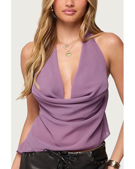 Edikted Purple Asymmetric Backless Chiffon Halter Top