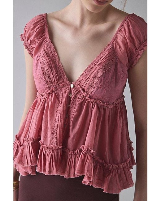 Kimchi Blue Red Izzy Lace Trim Button-Front Babydoll Blouse