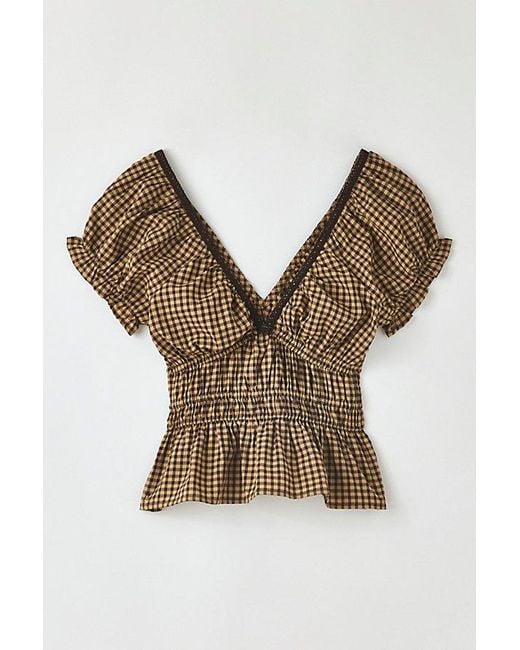 Kimchi Blue Natural Jane Ruched Lace Trim Short Sleeve Blouse