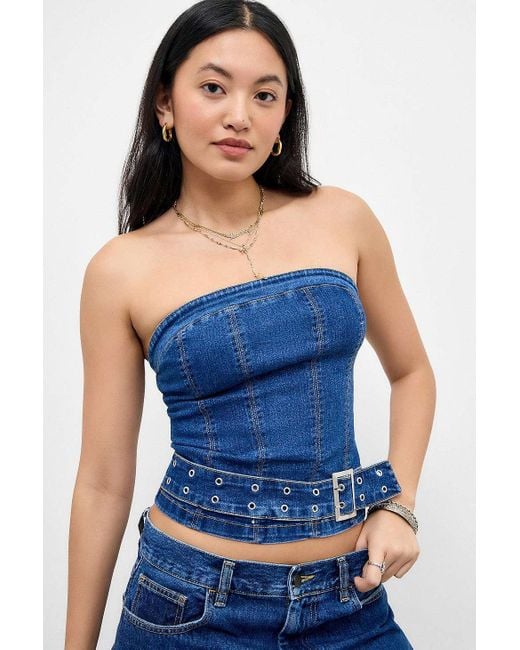 Silence + Noise Blue Silence + Noise Mia Buckle Denim Tube Top