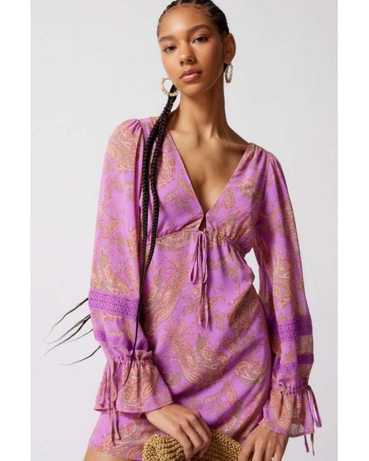 Urban Outfitters Purple Uo Charlene Printed Long Sleeve Mini Dress