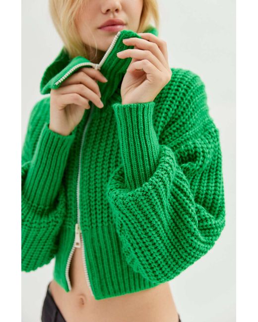Urban Outfitters Green Uo Sunny Collared Zip-up Cardigan