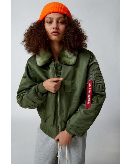 Alpha Industries Green B15 Faux Fur Collar Bomber Jacket In Olive,at Urban Outfitters