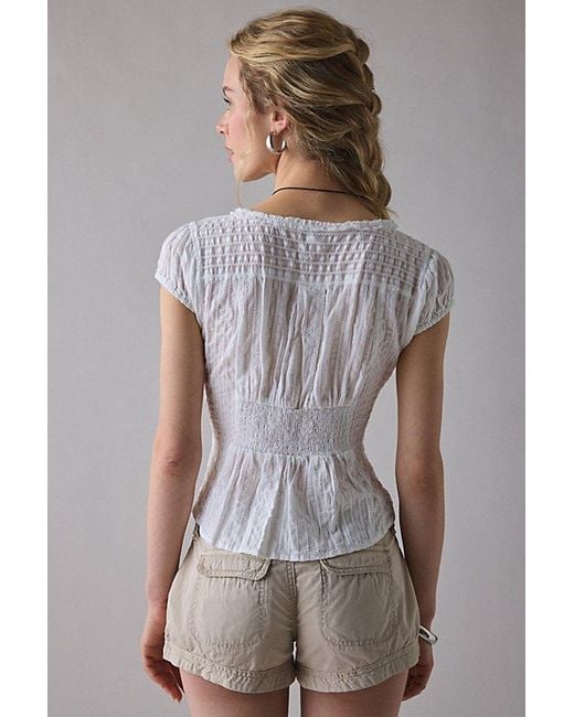 Kimchi Blue Gray Robyn Ruffle + Lace Trim Puff Sleeve Button-Up Blouse