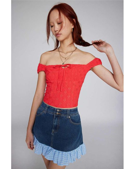 Kimchi Blue Red Anais Off-the-shoulder Broderie Top