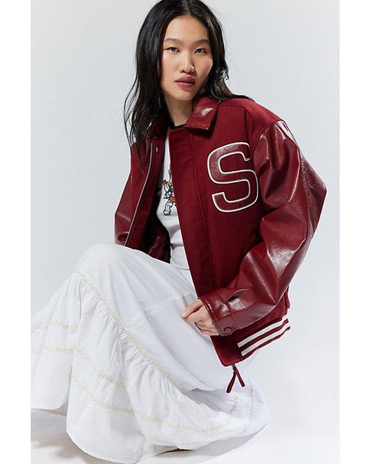 House Of Sunny Red Free Falling Faux Leather Varsity Jacket