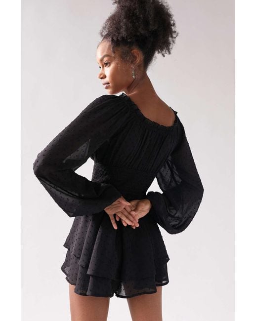 Urban Outfitters Uo Rosie Smocked Long Sleeve Romper in Black | Lyst