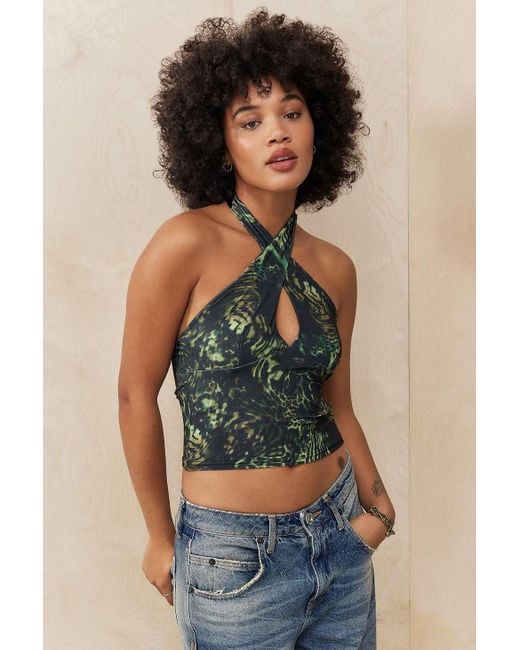 Urban Outfitters Green Uo Abstract Animal Print Halterneck Top