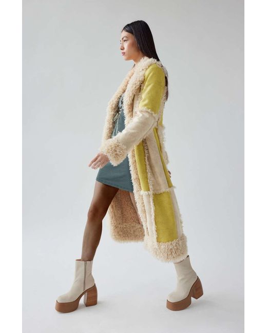 Urban Outfitters Yellow Uo Amelia Faux Fur Trim Check Overcoat
