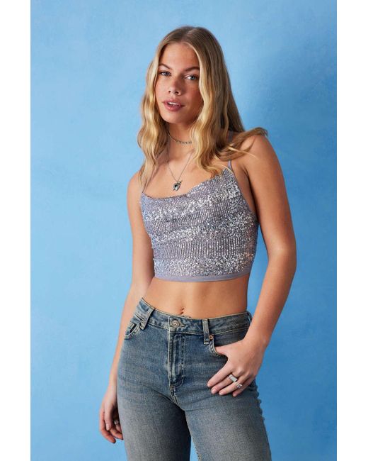 Urban Outfitters Blue Uo Evie Sequin Cowl Neck Crop Top