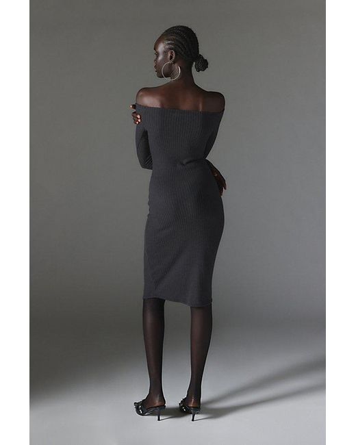 Silence + Noise Gray Cookie Cozy Off-The-Shoulder Midi Dress