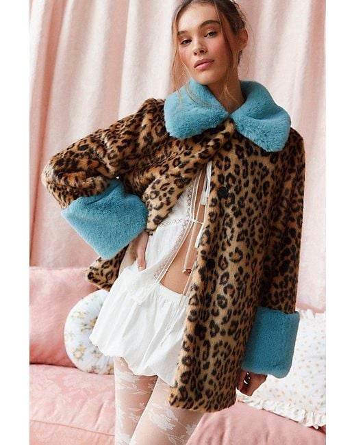 Kimchi Blue Kimchi Lenora Print Faux Fur Trim Coat Jacket in Brown
