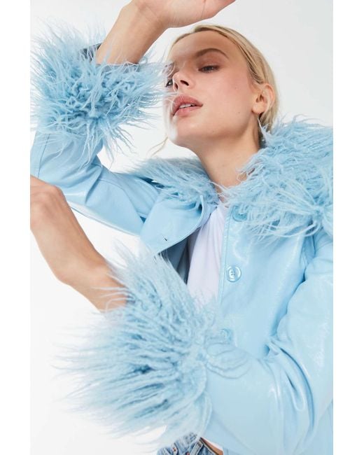 Urban Outfitters Blue Uo Mia Pleather Faux Fur Trim Jacket
