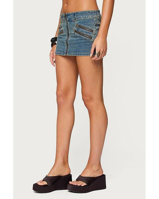 Edikted Blue Ronan Zip Up Denim Mini Skort
