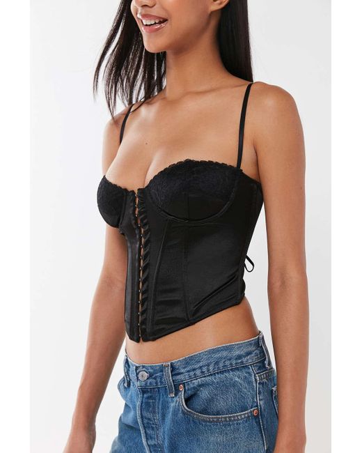 Parisian satin bustier crop top with lace trim in black