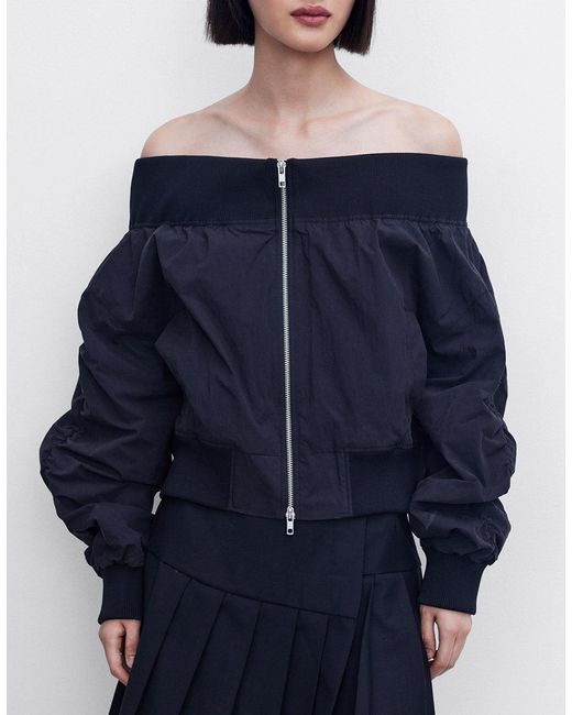 Urban Revivo Cotton Off-shoulder Zip Up Jacket in Black (Blue) | Lyst