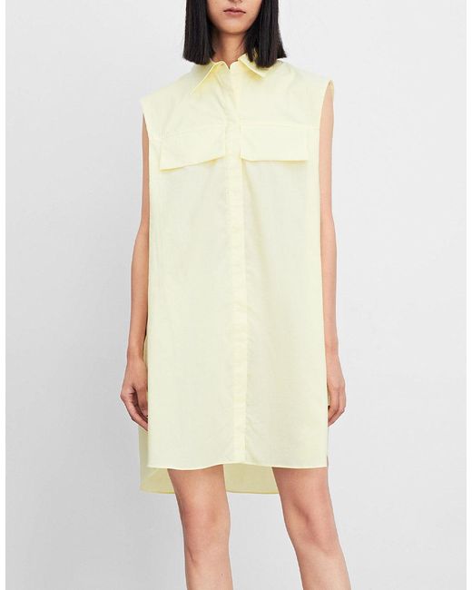 Urban Revivo Cotton Button Up Sleeveless Shirt Dress in Light Yellow