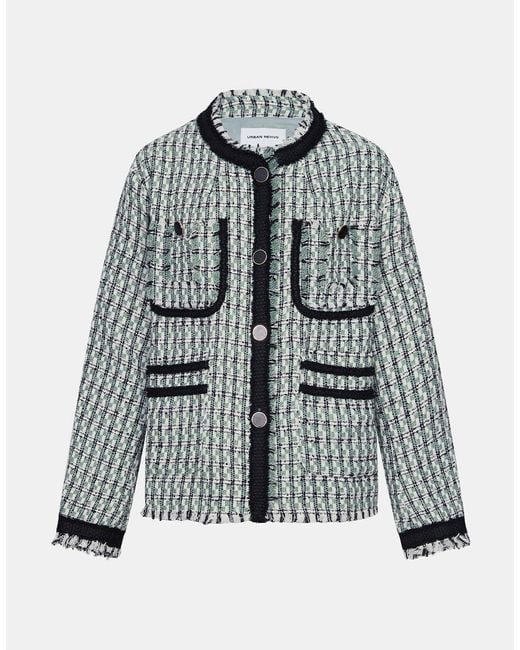 Urban Revivo Raw Trim Plaid Pattern Tweed Jacket in White Checkered ...