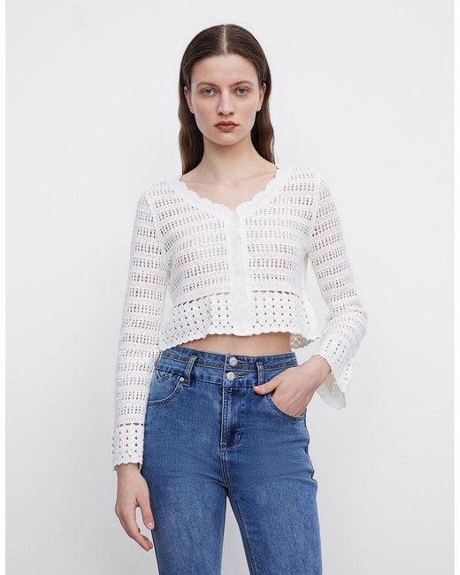 Urban Revivo Cotton Pointelle Cropped Cardigan in White Lyst