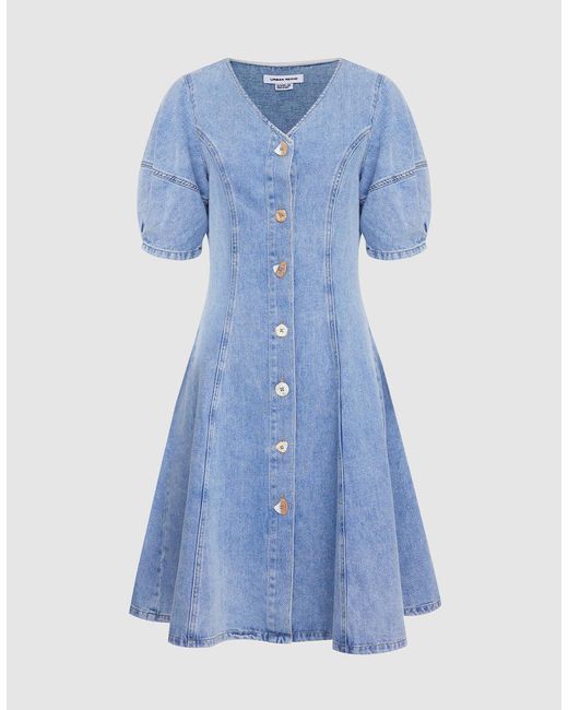 Urban Revivo Puff Sleeve Button Front Denim Dress in Blue | Lyst