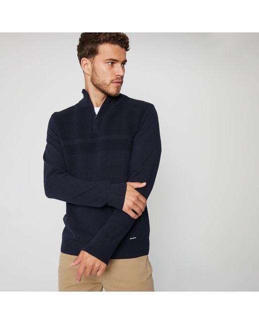 Threadbare Blue Rib Detail Crew Neck Knitted Quarter Zip Jumper for men