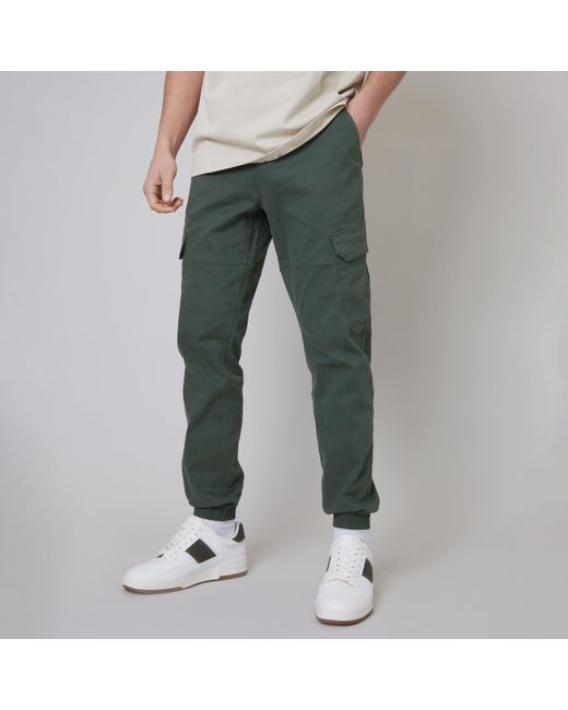 Threadbare Green Cotton Jogger Style Cargo Trousers With Stretch for men