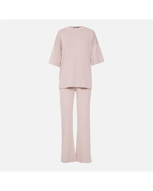 Missguided Pink Rib T Shirt And Wide Leg Trousers Co Ord Set