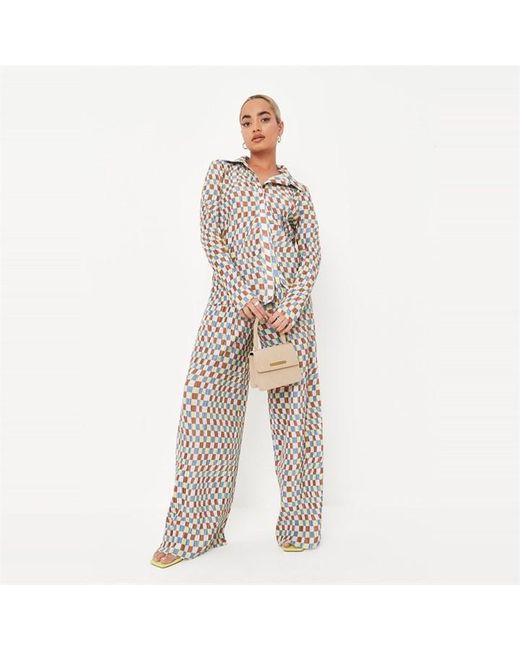 Missguided White Petite Checkerboard Wide Leg Plisse Trousers