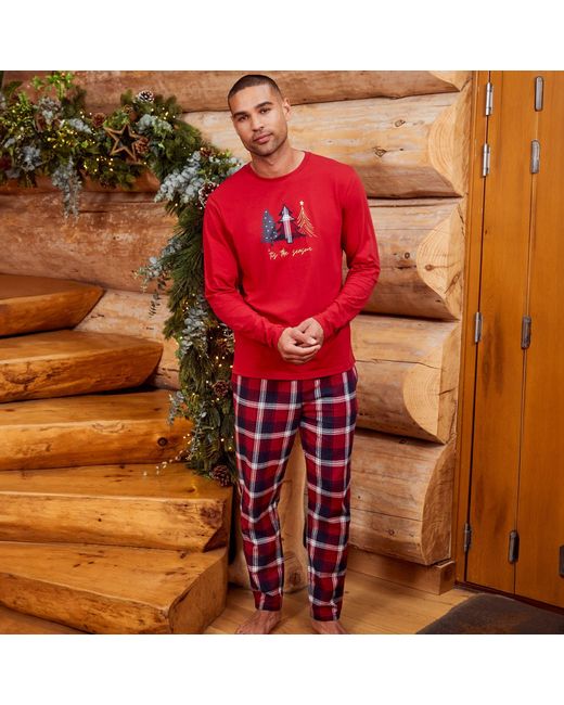 Threadbare Red Cotton Long Sleeve Christmas Check Pyjama Set for men