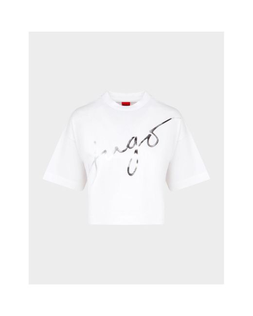 Boss White Hugo Signature Logo Cropped T Shirt