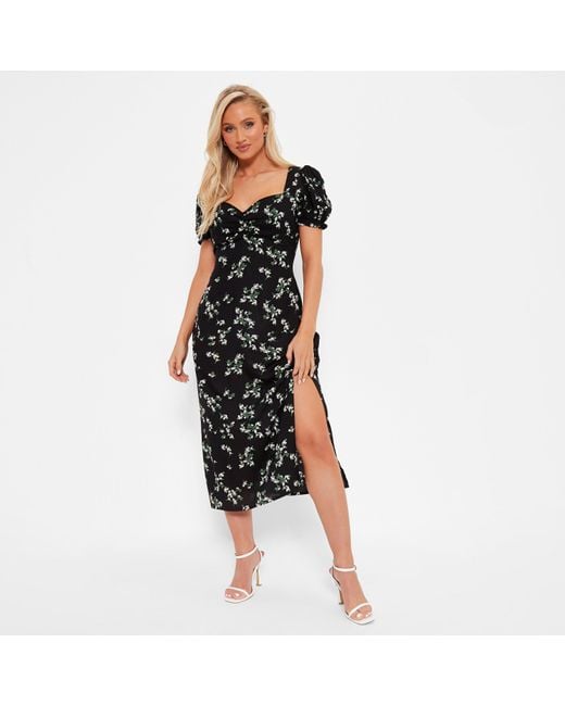 I Saw It First Black Isawitfirst Floral Print Sweetheart Puff Sleeve Midi Dress