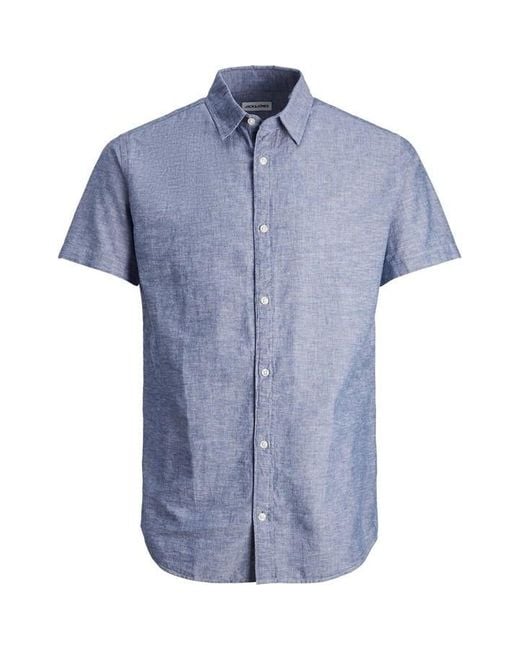 Jack & Jones Blue Linen Blend Short Sleeve Shirt for men