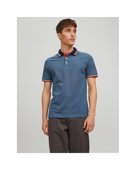 Jack & Jones Blue Paulos Tipped Pique Short Sleeve Polo Shirt for men