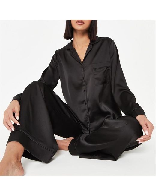 Missguided Black Satin Long Sleeve Shirt And Wide Leg Bottoms Pyjama Set