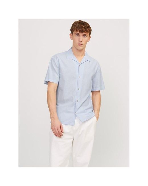 Jack & Jones Blue Resort Linen Blend Short Sleeve Shirt for men