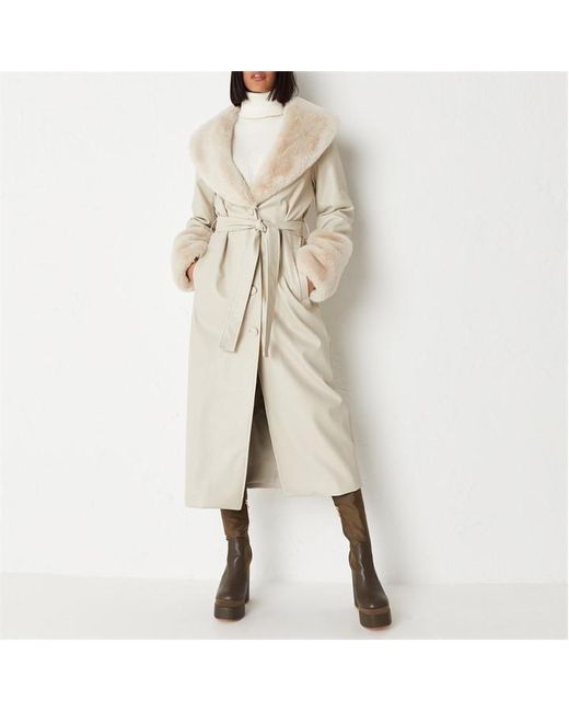 Missguided Natural Faux Leather Fur Cuff Trench Coat