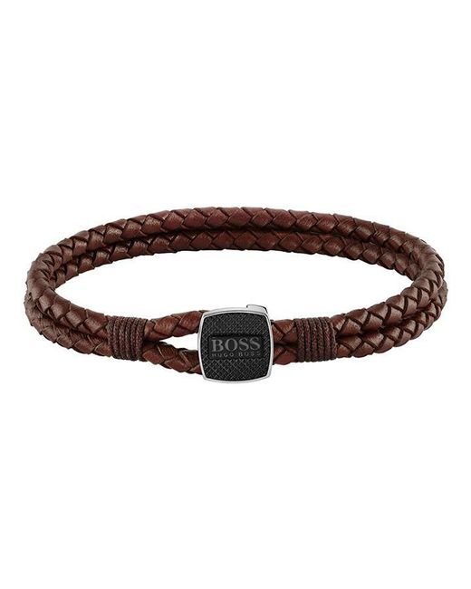 Boss Brown Gents Seal Braided Black Leather Bracelet for men