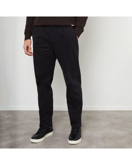 Threadbare Black Cotton Straight Leg Pleated Chino Trousers With St for men