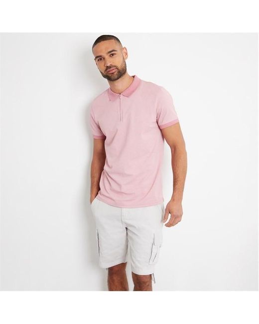 Threadbare Pink Cotton Geometric Print Zip Neck Polo Shirt for men