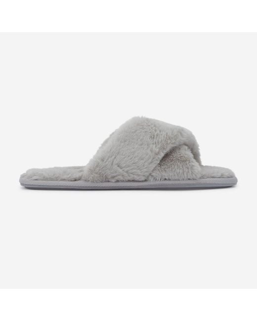 Jack Wills Gray Faux Fur Cross Over Slippers