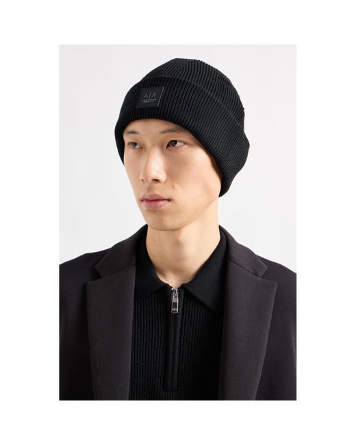 ARMANI EXCHANGE Black Beanie Hat for men