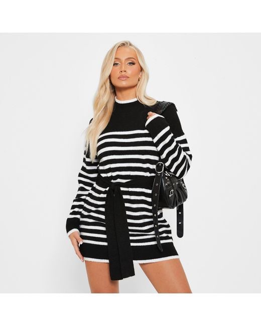 I Saw It First Isawitfirst Stripe Knit Belted Jumper Dress in Black Lyst UK