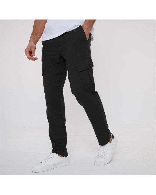 Threadbare Black Linen Blend Cargo Trousers for men