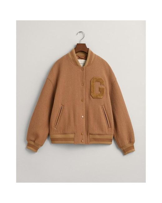 Gant Brown Wool Twill Varsity Jacket Warm