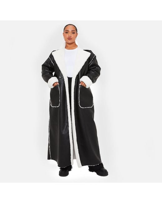 I Saw It First Black Isawitfirst Premium Faux Leather Borg Longline Belted Coat