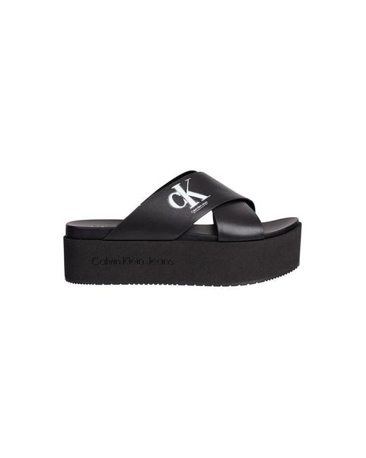 Calvin Klein Black Flatform Criss-cross Leather Sandals